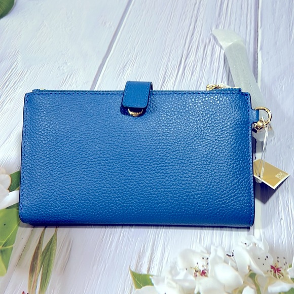 🌸 NWT MICHAEL KORS JET SET DOUBLE ZIP PEBBLE LEATHER PHONE WRISTLET VINTAGE BLUE